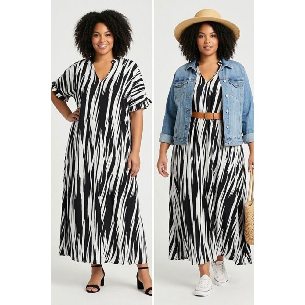 Women's 2XL black and white abstract print maxi dress NWOT